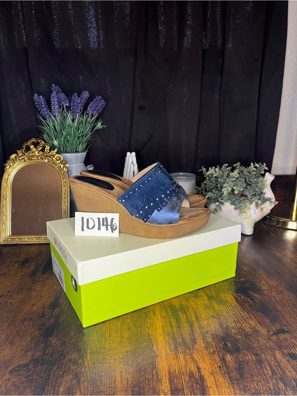 Patrizia by Spring Step Blue Fringe Wedge Sandals 7.5-8